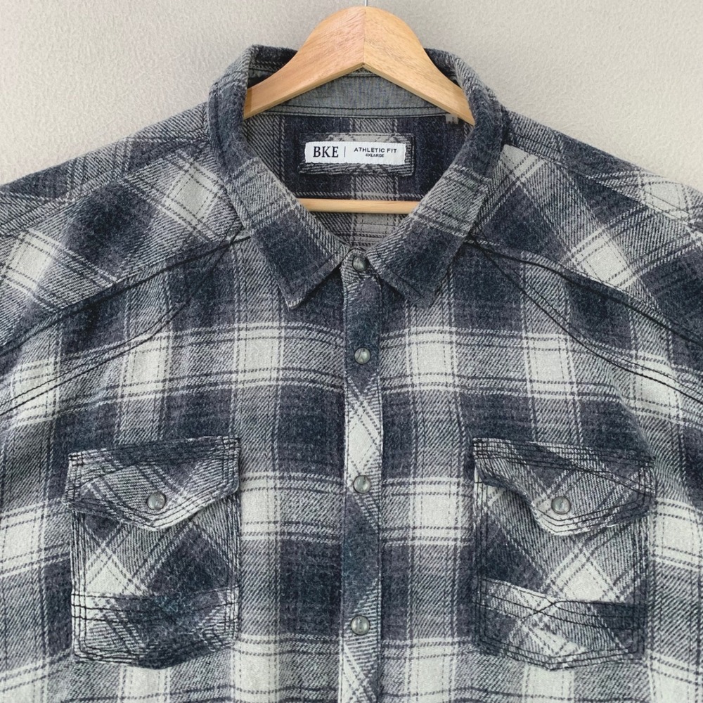 BKE‎ Athletic Fit Flannel Shirt Mens 4XL Gray Plaid Western Pearl Snap Heavy Top